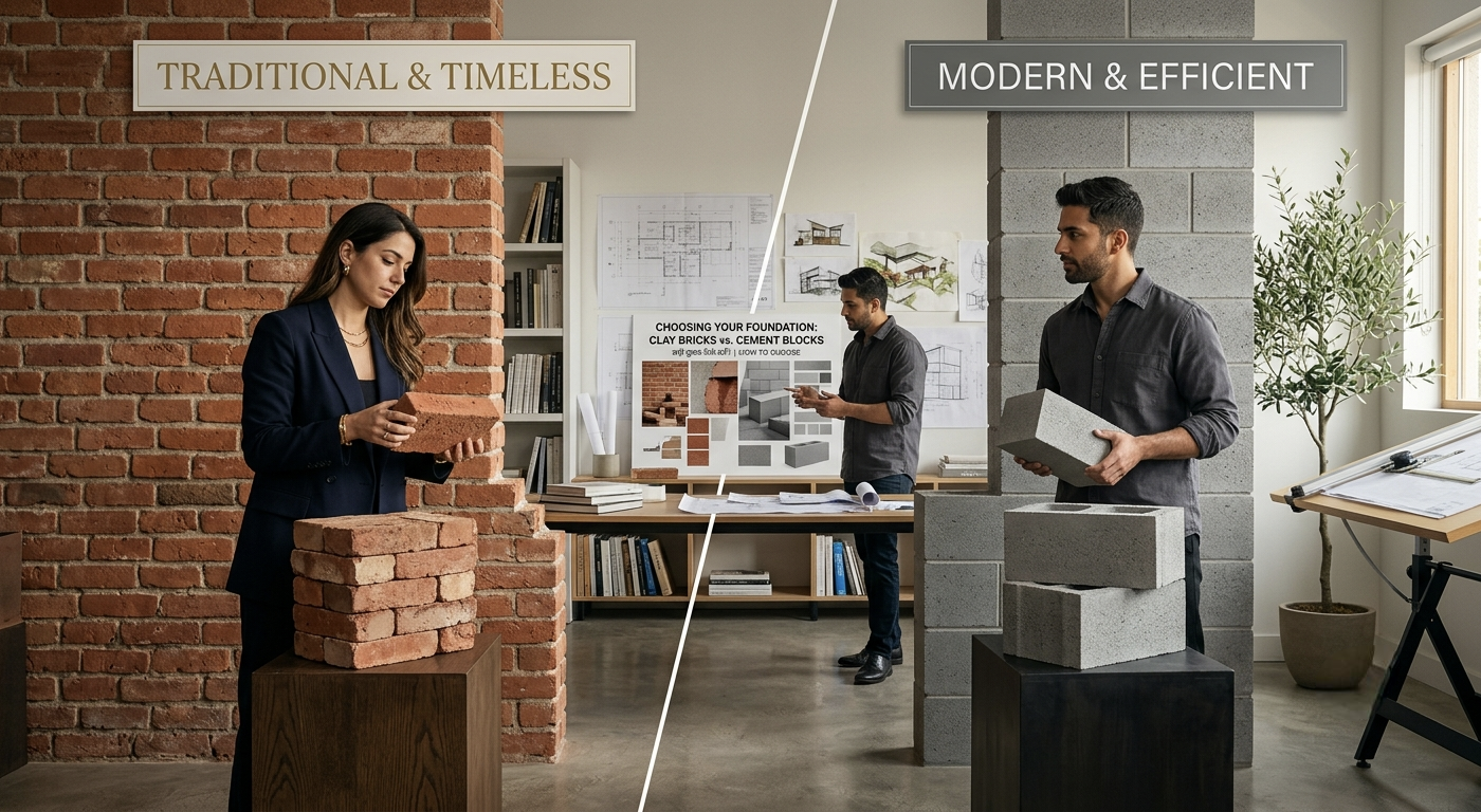 Clay Bricks vs Cement Blocks β Which is Better? Architects comparing red clay bricks and cement blocks for house construction.