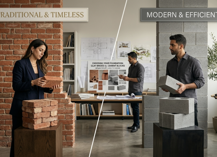 Clay Bricks vs Cement Blocks – Which is Better? Architects comparing red clay bricks and cement blocks for house construction.