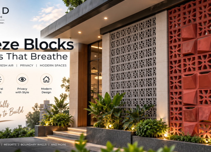 Breeze Blocks for Modern Building Elevation and FaΓ§ade Design White patterned breeze blocks for modern buildings installed as an exterior facade screen in Jaipur